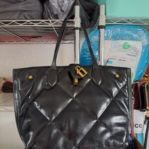 Steve Madden Black Quilted Tote with Gold Details